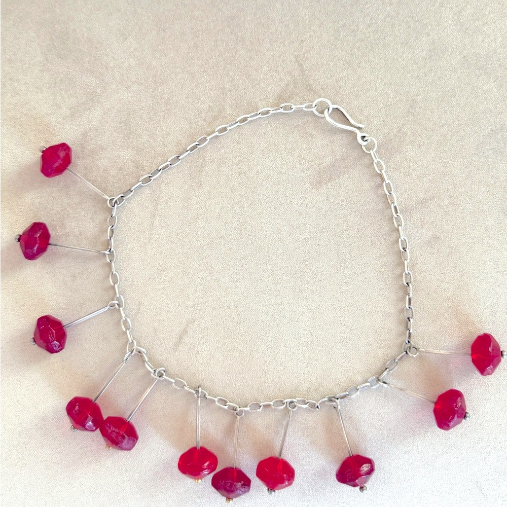 One of a kind, sculptural, silver necklace with red sea glass- artist’s made.